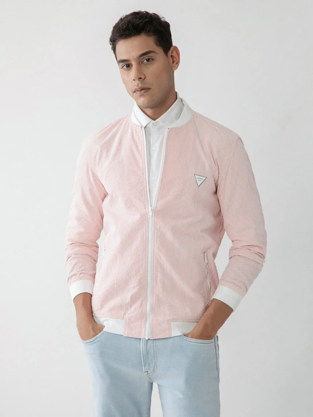 Pink Striped Bomber Jacket