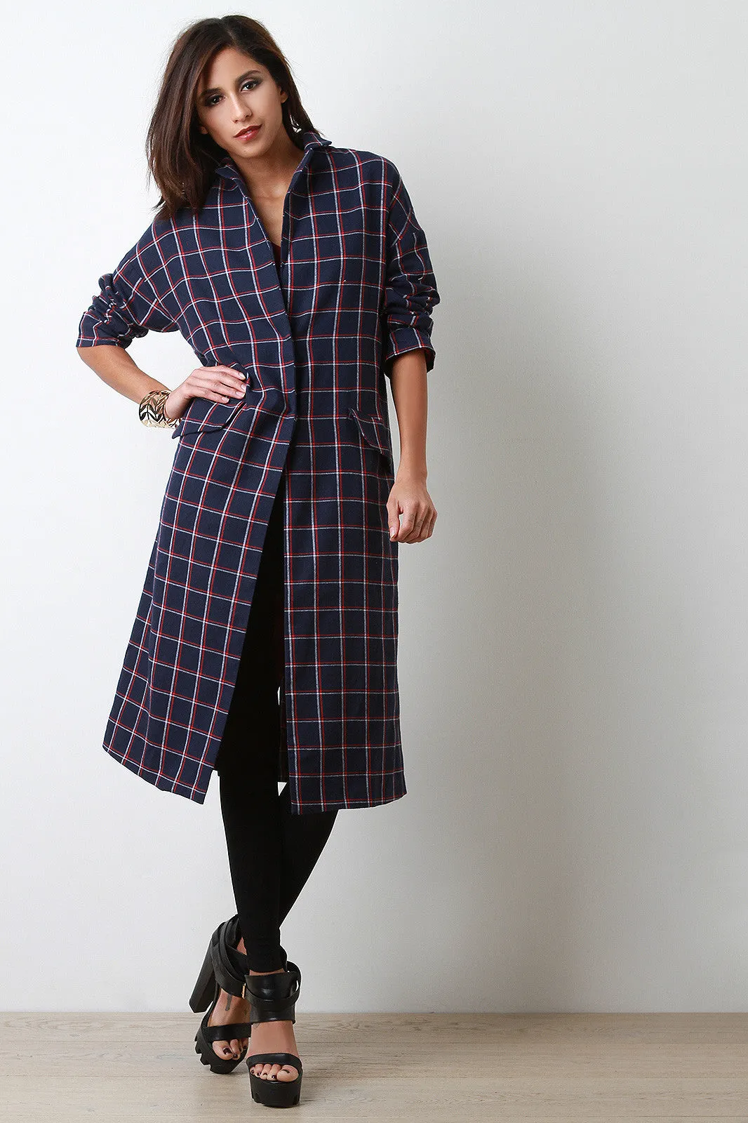 Plaid Double Snap Button Overcoat