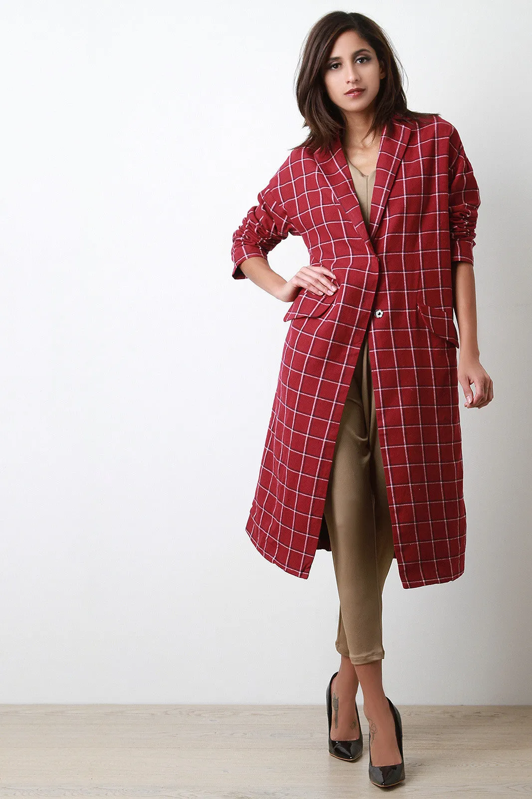 Plaid Double Snap Button Overcoat