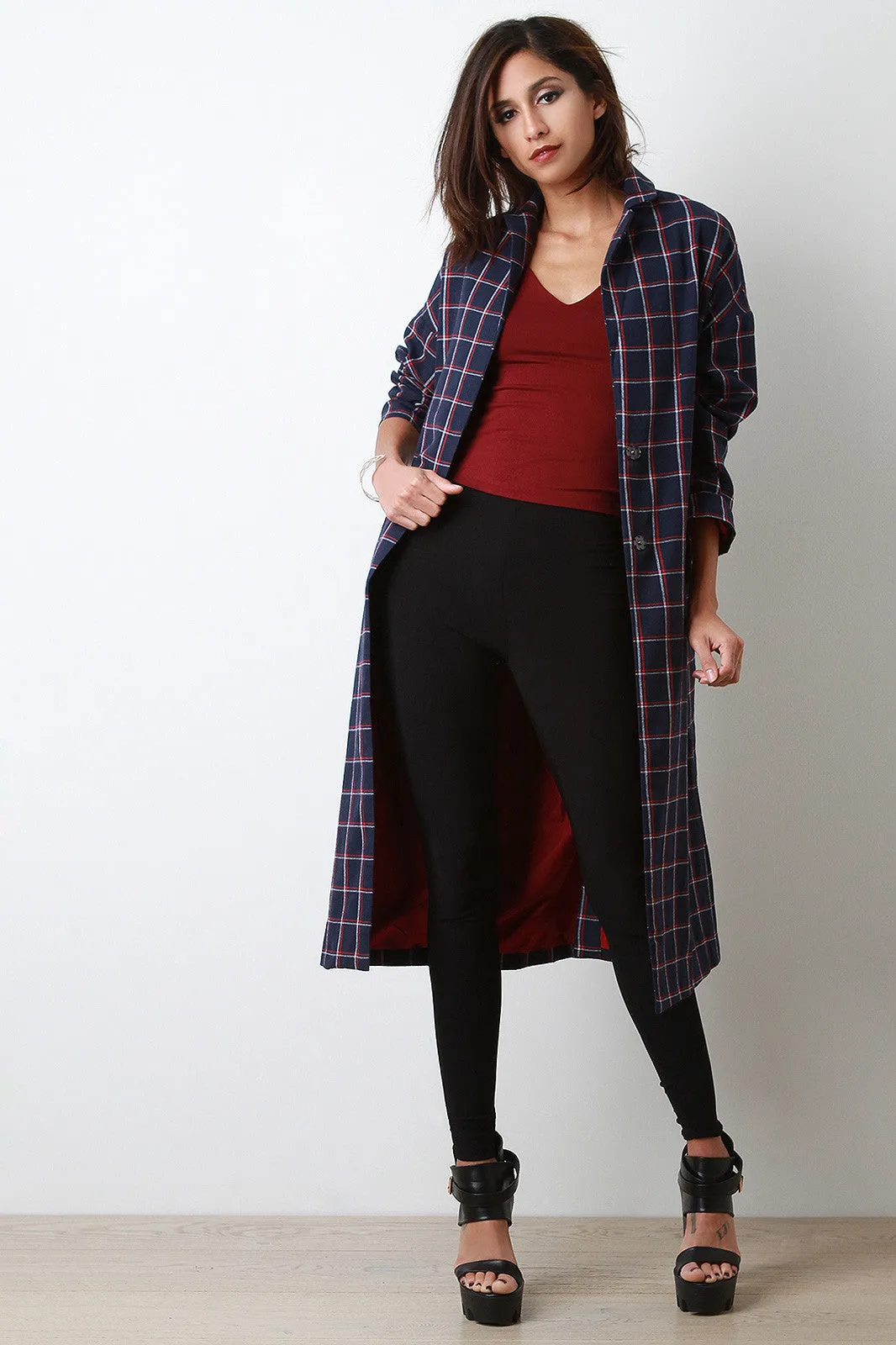 Plaid Double Snap Button Overcoat