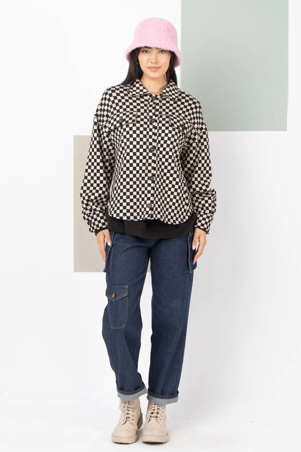 PLUS SIZE Button Down Checkered Shacket Jacket