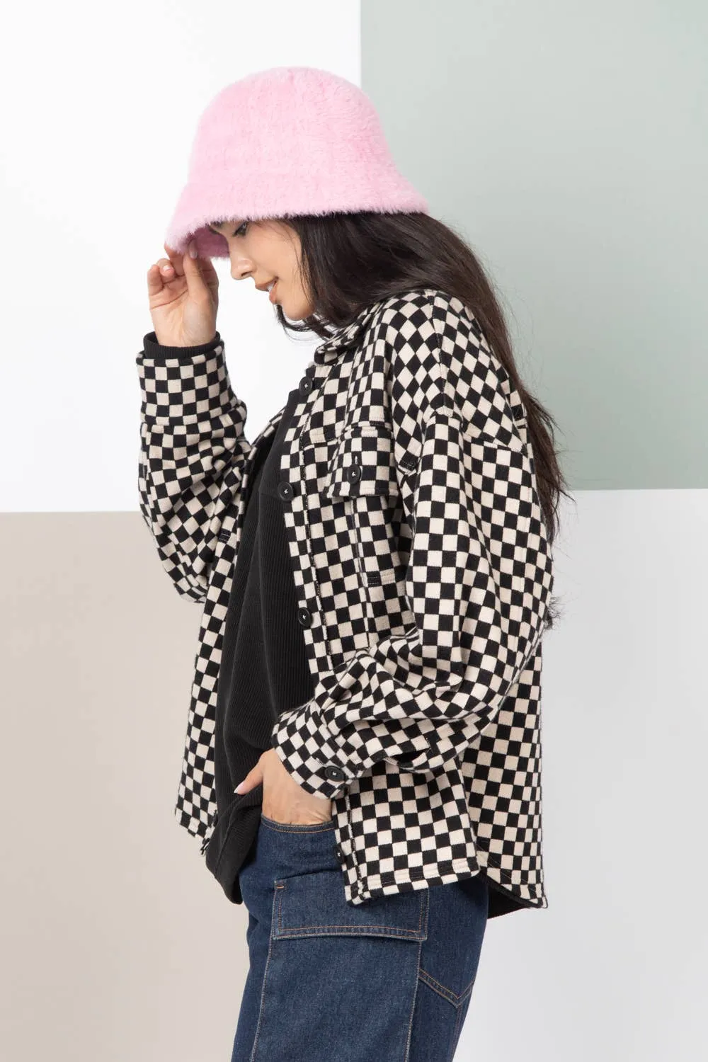 PLUS SIZE Button Down Checkered Shacket Jacket