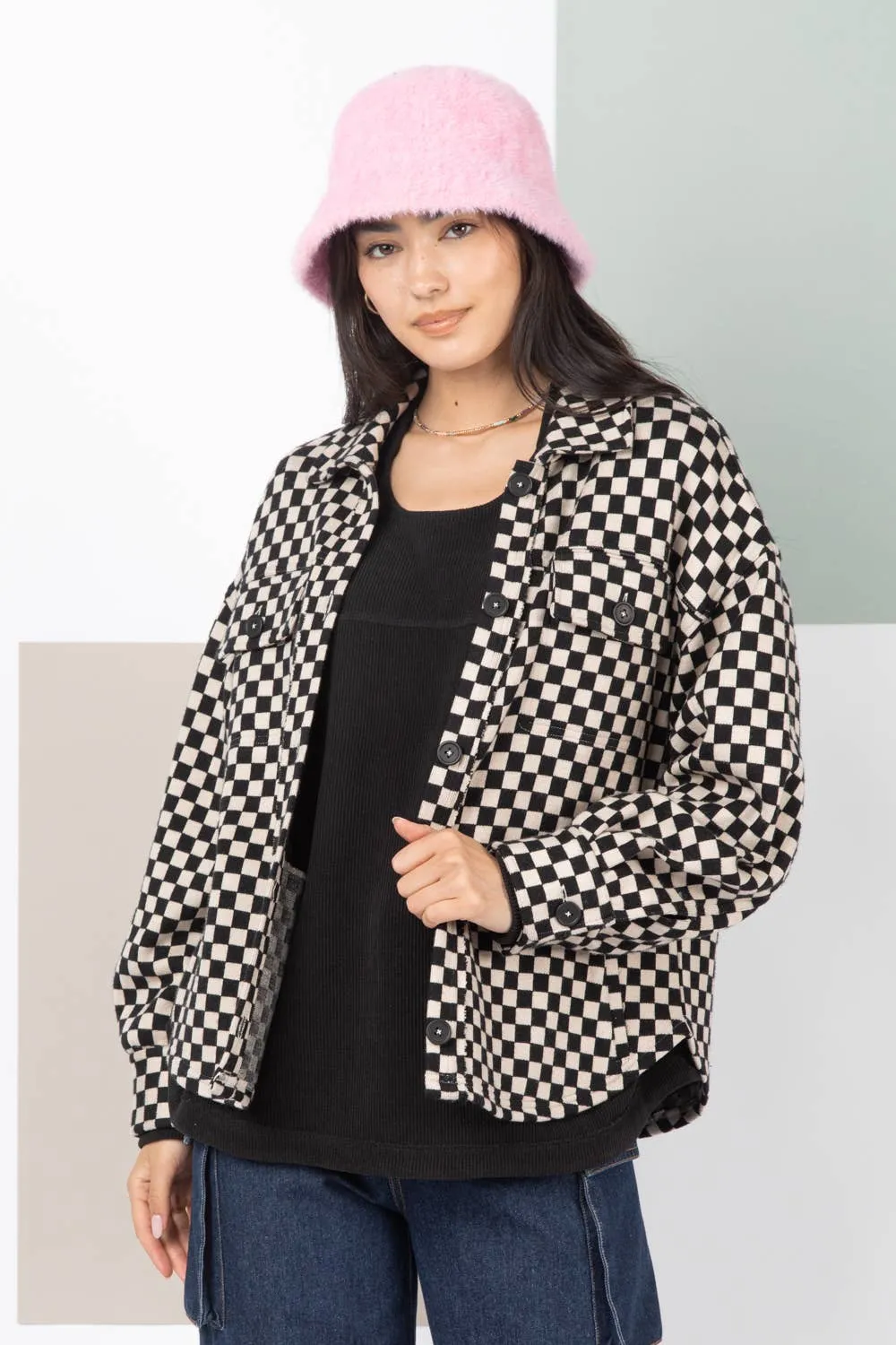 PLUS SIZE Button Down Checkered Shacket Jacket