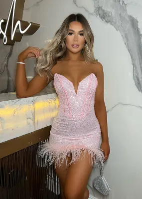 Princess Vibes Sequin Feather Mini Dress - Pink