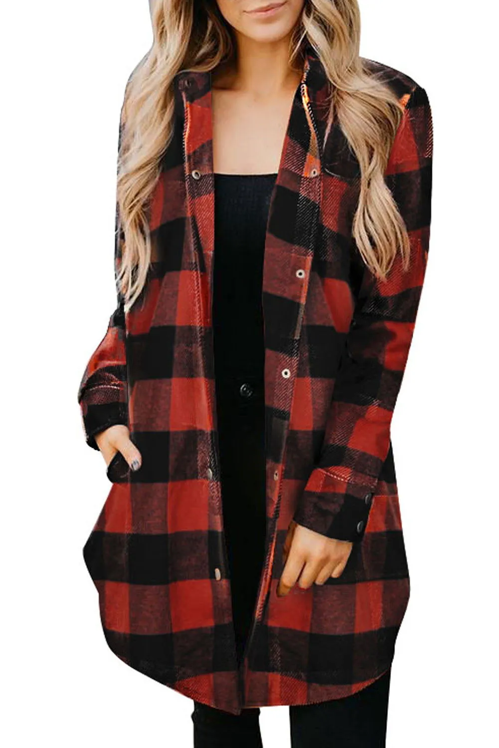 Red Plaid Collared Button Down Long Shirt Shacket