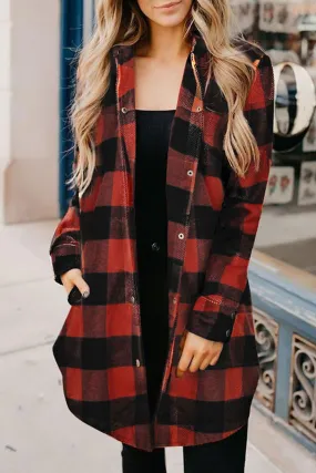 Red Plaid Collared Button Down Long Shirt Shacket