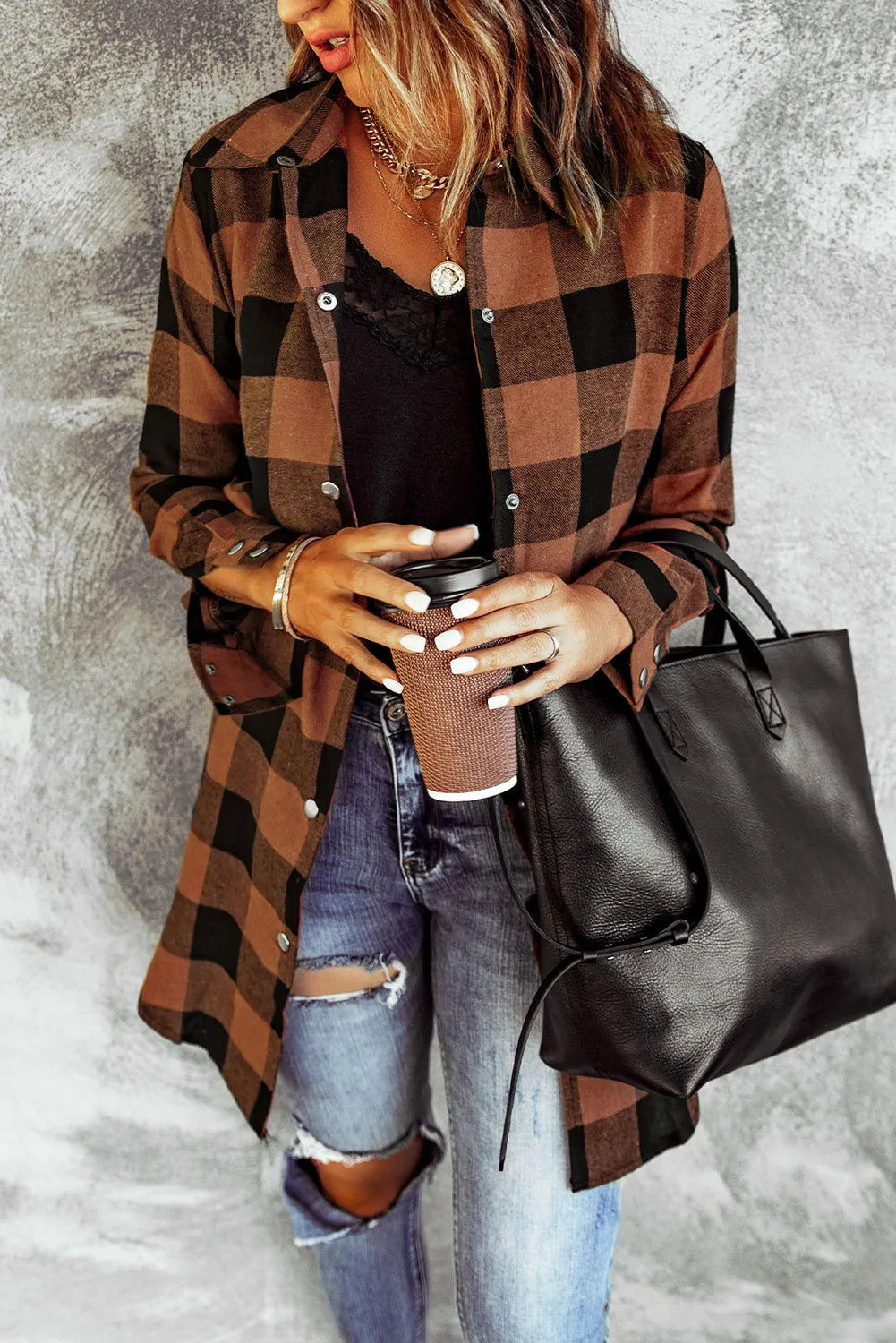 Red Plaid Collared Button Down Long Shirt Shacket