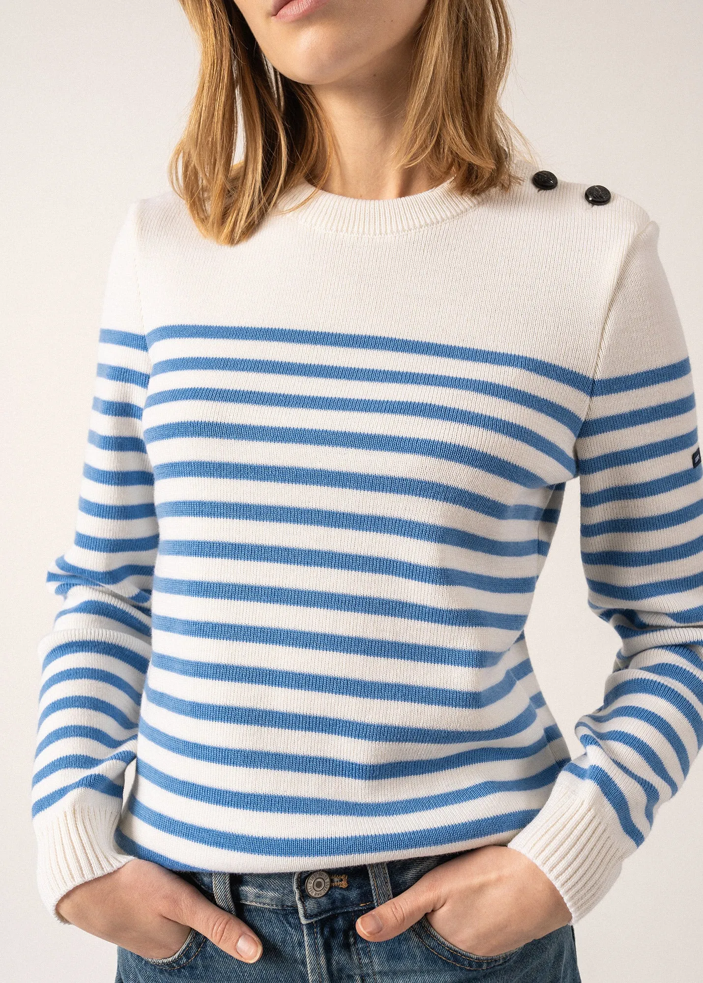 ROCHEFORT - Breton Sweater With Button Shoulder for Women  | 100% Comfort Wool (IVORY / OXYGEN BLUE)