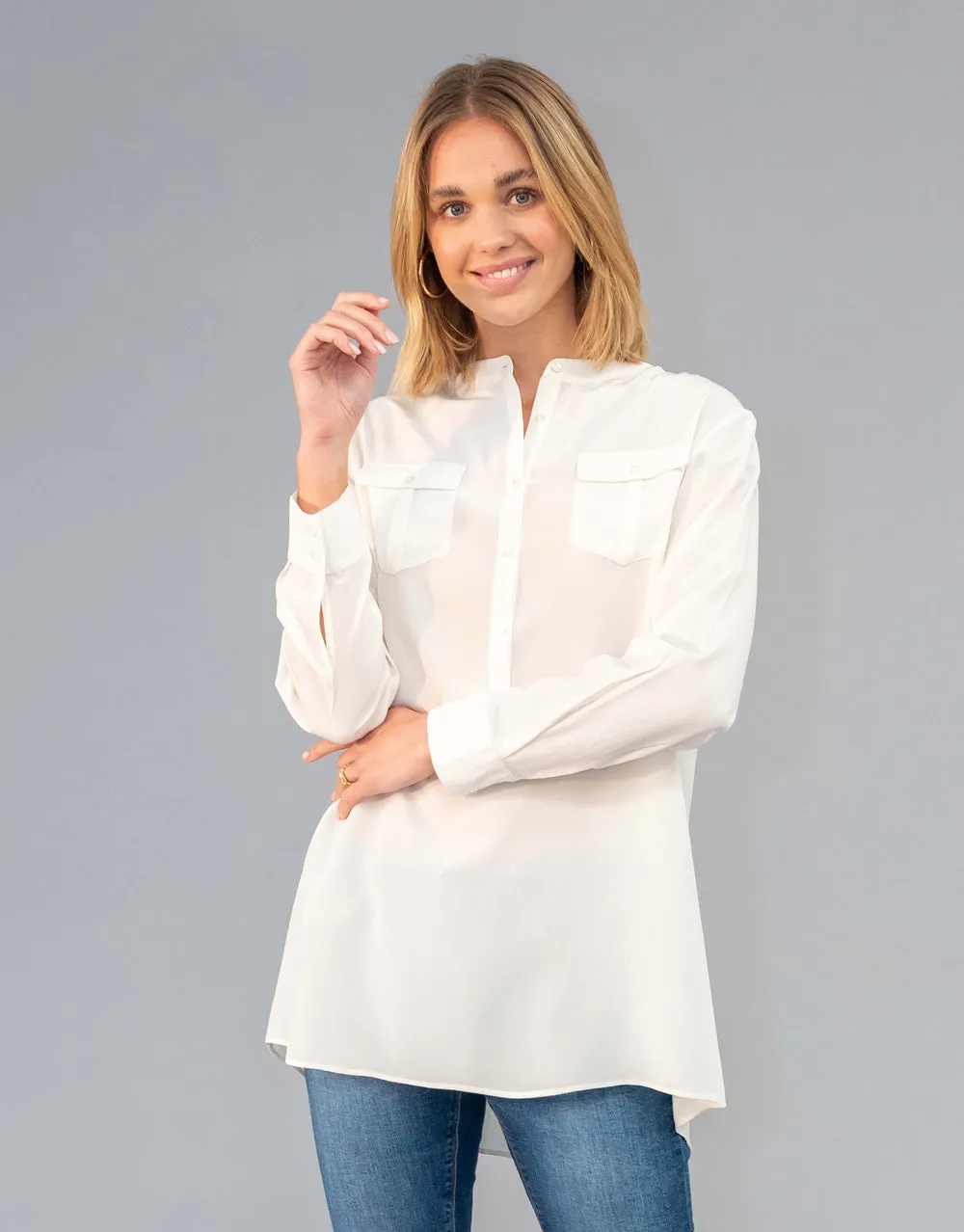 Silk Blouse with Pockets in Ivory