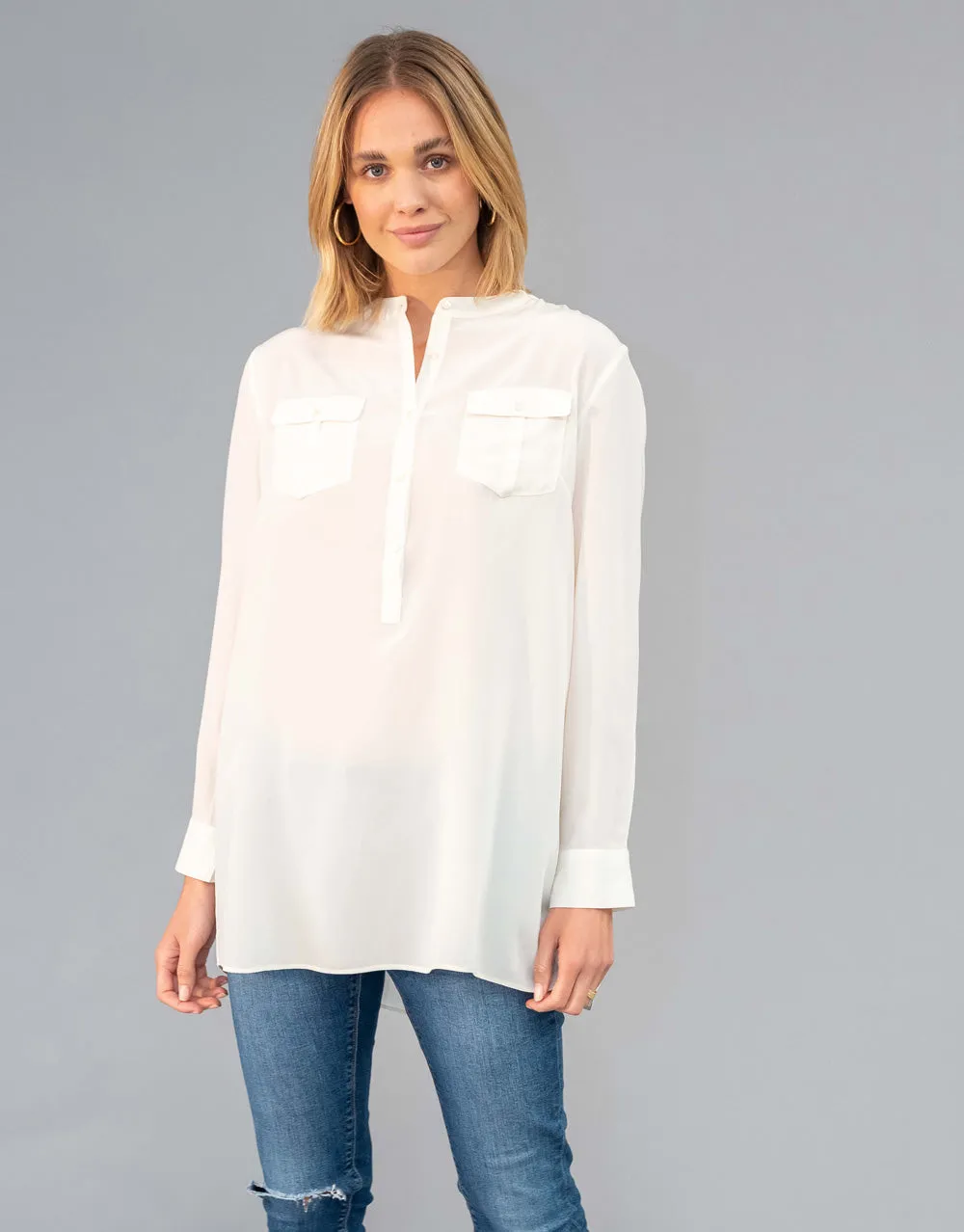 Silk Blouse with Pockets in Ivory