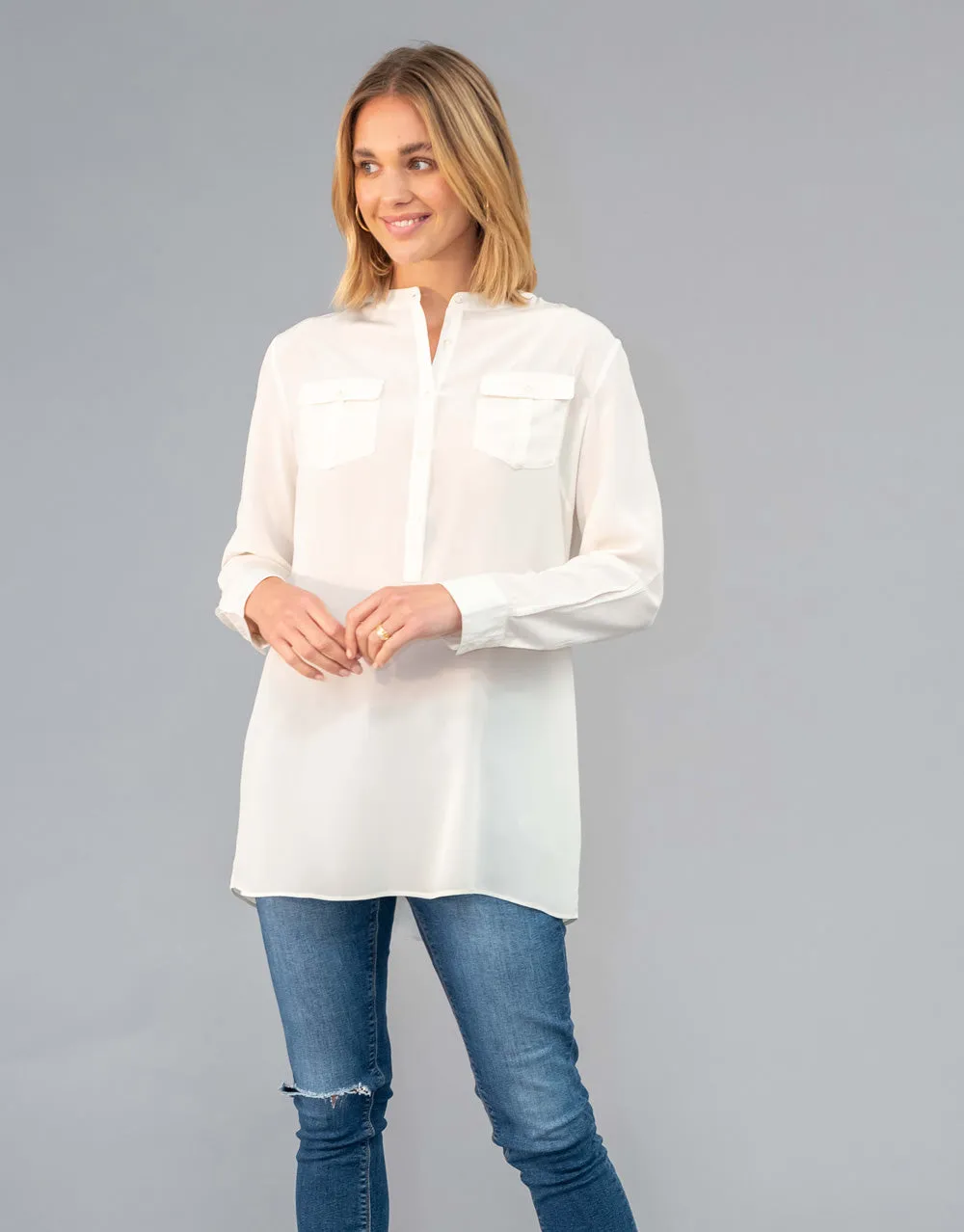 Silk Blouse with Pockets in Ivory