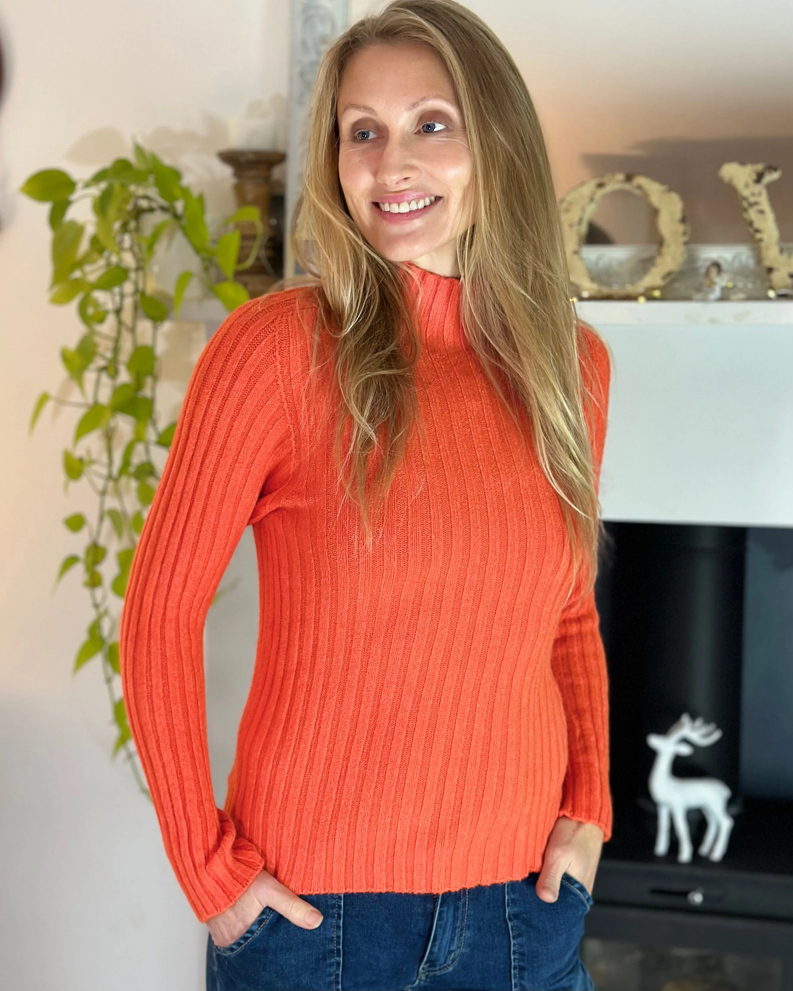 Soft Knit Turtle Neck Ribbed Jumper - Orange