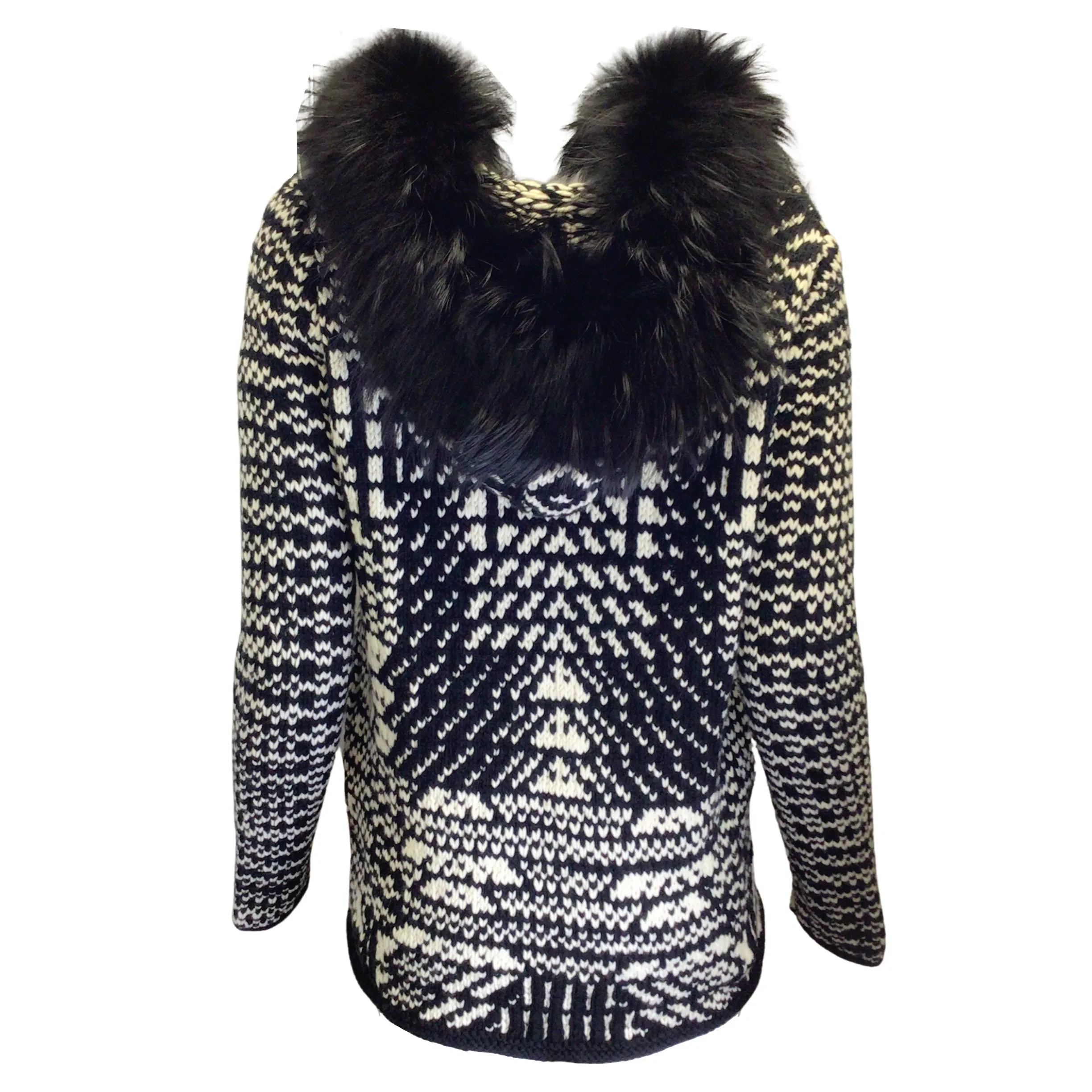 Spencer Vladimir Black / Ivory Fur Trimmed Hooded Merino Wool and Cashmere Hand Knit Sweater