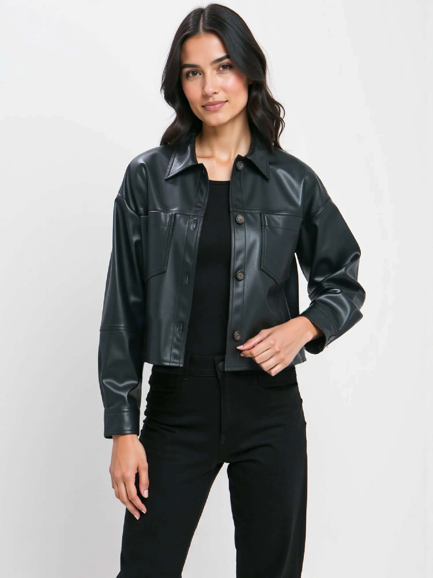 Trendy Vegan Leather Cropped Shacket