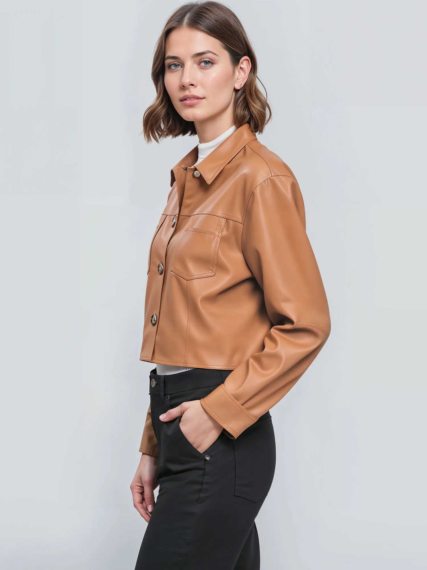 Trendy Vegan Leather Cropped Shacket