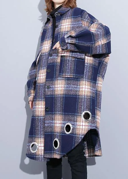 vintage Loose fitting Winter coat blue purple plaid lapel pockets wool overcoat