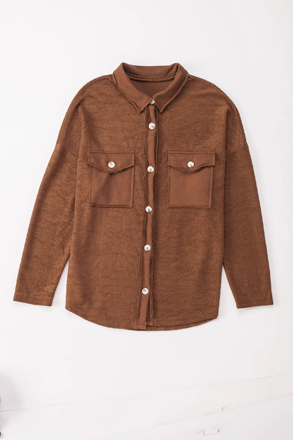 Wholesale Brown Solid Color Textured Button Up Shacket with Pockets