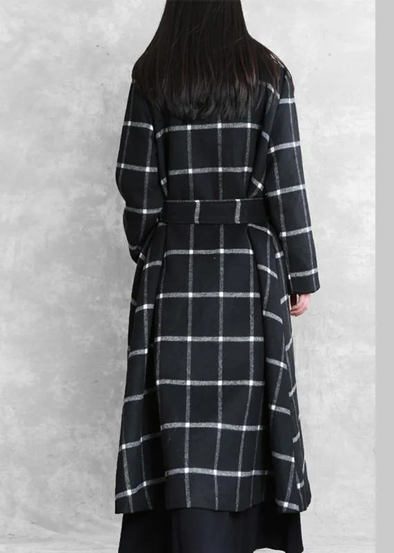 women plus size long coats woolen outwear black plaid Notched tie waist woolen overcoat