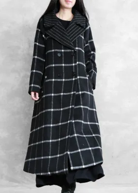 women plus size long coats woolen outwear black plaid Notched tie waist woolen overcoat