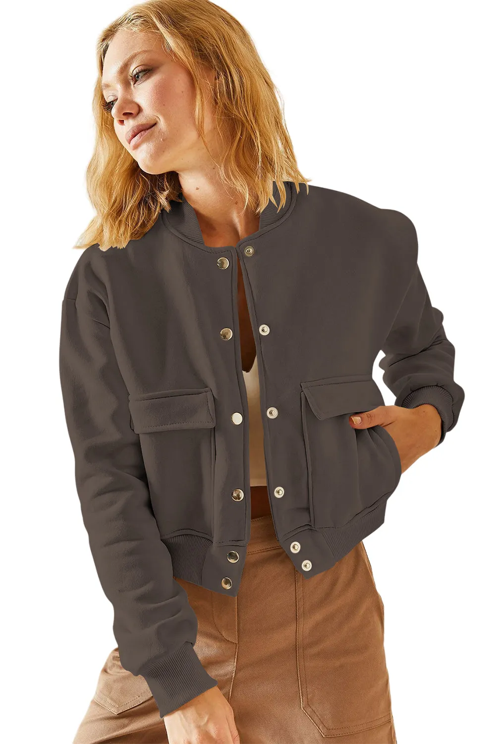 Womens Stand Collar Shacket with Side Pocket Lightweight Coat