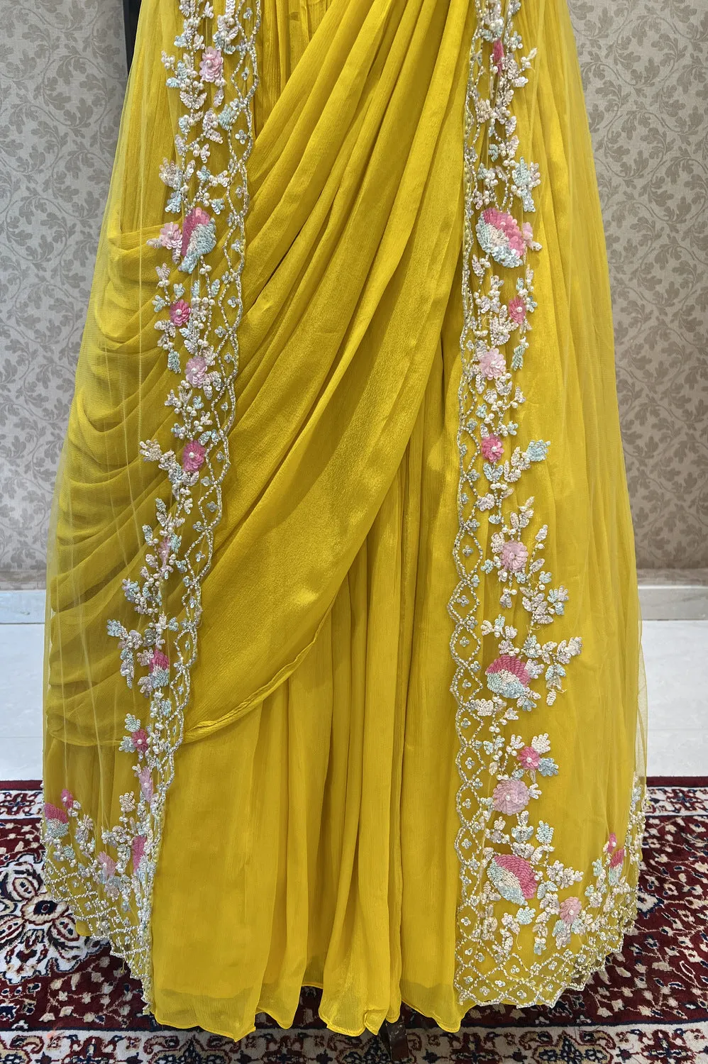 Yellow Sequins, Stone and Pearl work Indo-Western Styled Crop Top Lehenga  with Overcoat