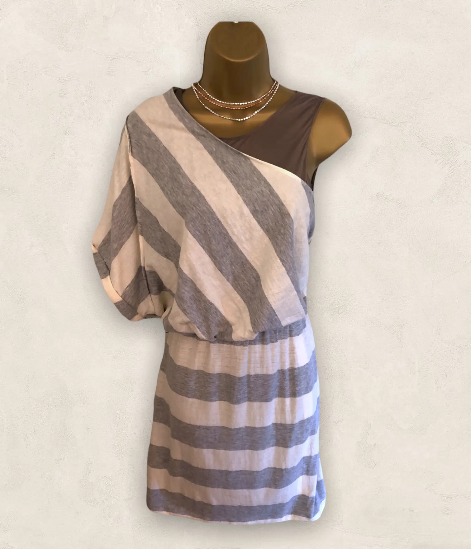 Yigal Azrouël Ivory & Grey Stripe Cotton & Wool Dress Size 0 UK 8 US 4 EU 36